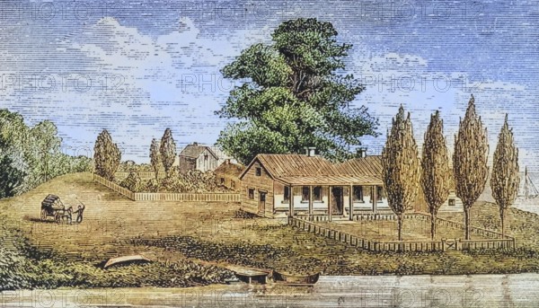 The first house built in Chicago, Illinois. From American Pictures Drawn With Pen And Pencil by Rev Samuel Manning c. 1880, United States, America, Historic, digitally restored reproduction from a 19th century original, Record date not stated, North America