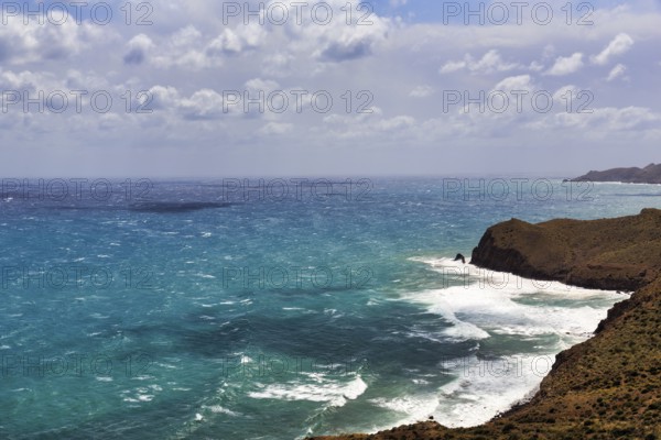Mirador de La Amatista with views of the rocky coast and turquoise sea, coastline at La Isleta, Almeria, Cabo de Gata, Cabo de Gata-Nijar, Spain, Europe