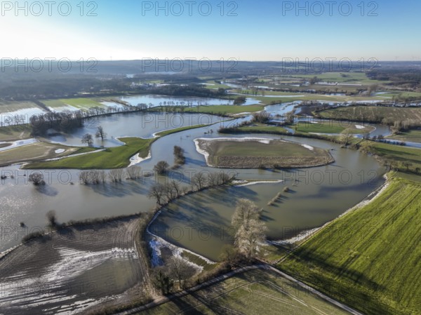 Haltern am See, North Rhine-Westphalia, Germany, floods on the Lippe, river in the Ruhr area, the fields, the agricultural land of the farmers next to the watercourse are flooded, serve as retention areas, flood areas for flood protection, Europe