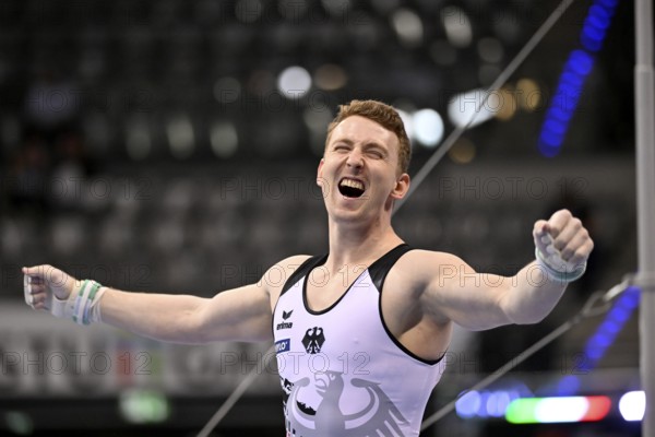 Nils Dunkel GER cheers after routine on rings gymnastics, EnBW DTB-Pokal, Porsche-Arena, Stuttgart, Baden-Württemberg, Germany, Europe