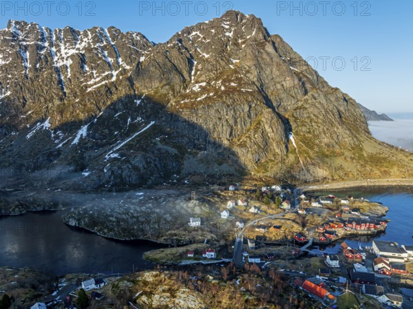 Aerial view, village, steep mountains, coast, winter, fog, evening light, A i Lofoten, Moskenesoya, Lofoten, Norway, Europe