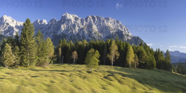 Hummock meadows between Mittenwald and Krün, Werdenfelser Land, with the Karwendel mountains behind, Upper Bavaria, Bavaria, Germany, Europe