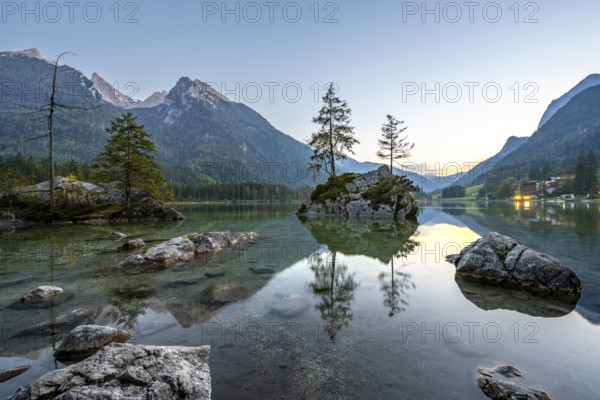 Hochkalter reflected in Hintersee, at sunset, Berchtesgaden National Park, Ramsau, Upper Bavaria, Bavaria, Germany, Europe
