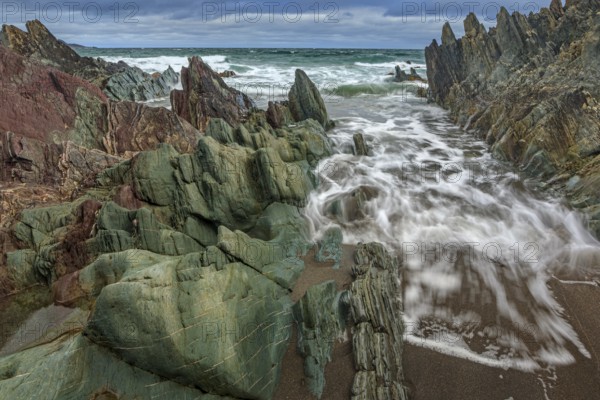 Colourful rocks, rock, coast, sea, waves, cloudy, Varanger Peninsula, Norway, Europe