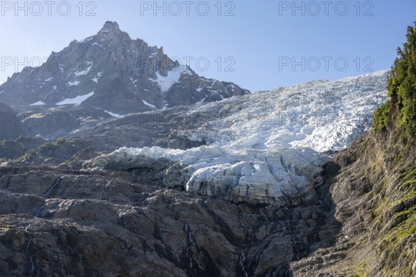 Impressive mountain landscape with glacier, glacier tongue of the Glacier des Bossons and summit of the Aiguille du Midi, Chamonix, Haute-Savoie, France, Europe