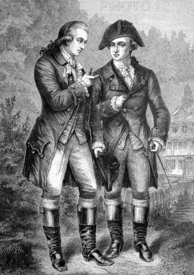 Karl August and Goethe in the stormy period. Karl, Carl, August von Sachsen-Weimar-Eisenach and Johann Wolfgang von Göthe, born 28 August 1749 in Frankfurt am Main as Johann Wolfgang Goethe, Historical, digitally restored reproduction from a 19th century original, Record date not stated