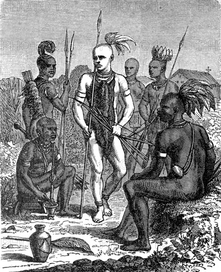 Albino, albinism, among the Bari tribe on the White Nile in Sudan, illustration from 1878, historical, digital reproduction of an original from the 19th century