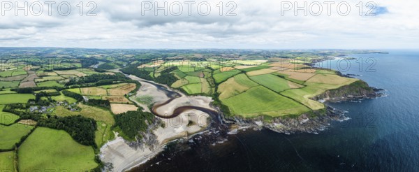 Panorama of Cliffs over Mothecombe Beach and Red Cove from a drone, River Emme, Mothecombe, Plymouth, South Devon, England, United Kingdom, Europe