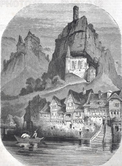 Historical, digitally restored reproduction from a 19th century original, Record date not stated, Oberstein and the Felsenkirche in 1855, today Idar-Oberstein, Rhineland-Palatinate, Germany, Europe