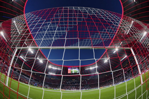 Overview, interior, floodlit match, behind-the-goal perspective, goal net, blue hour, fisheye shot, Champions League, Allianz Arena, Munich, Bavaria, Germany, Europe