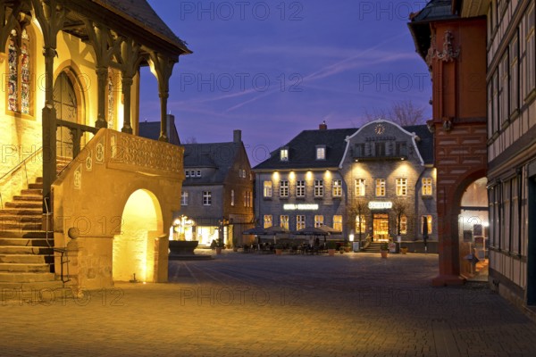 View with the late Gothic town hall of Goslar in the evening towards the market, Old Town, UNESCO World Heritage Site, Lower Saxony, Germany, Europe