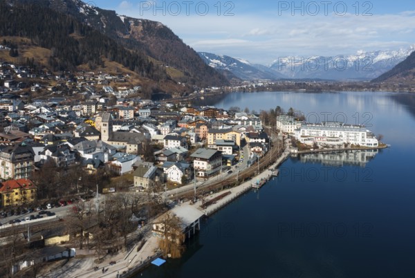 Drone shot, city view, Zell am See, Zeller See, Pinzgau, Land Salzburg, Austria, Europe