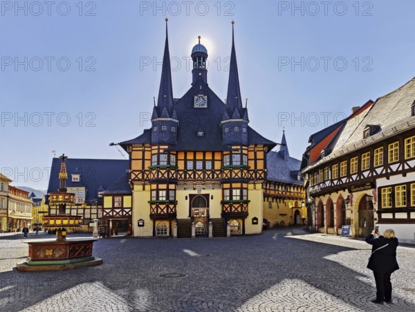 Market square with town hall backlit, Wernigerode, Harz, Saxony-Anhalt, Germany, Europe