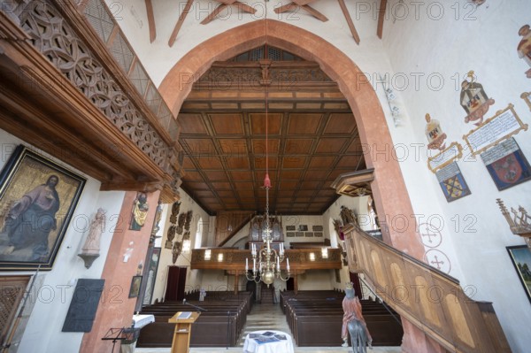 View into the nave with organ loft, Gothic St Mary's Church, Kalbensteinberg, Middle Franconia, Bavaria, Germany, Europe