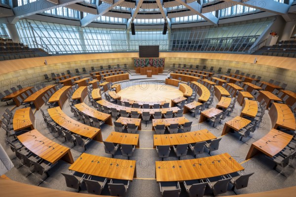The empty plenary chamber of the North Rhine-Westphalia state parliament in Düsseldorf, North Rhine-Westphalia, Germany, Europe