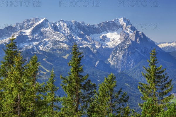 View from the Wank 1780m to the Zugspitzgruppe 2962m, Garmisch-Partenkirchen, Loisachtal, Werdenfelser Land, Upper Bavaria, Bavaria, Germany, Europe