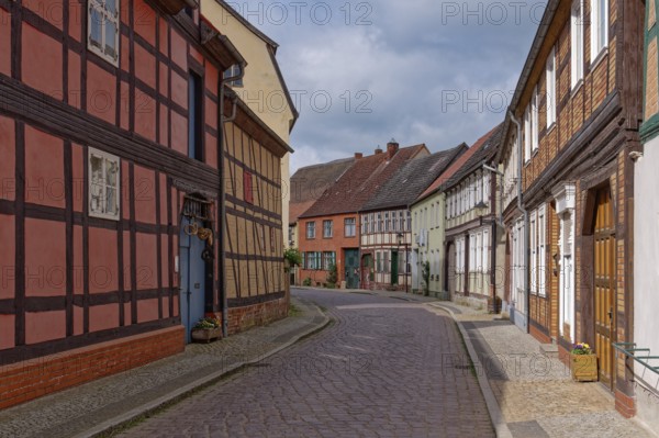 Half-timbered houses in Seehäuser Straße in Werben in the Altmark. Hanseatic town of Werben, Saxony-Anhalt, Germany, Europe