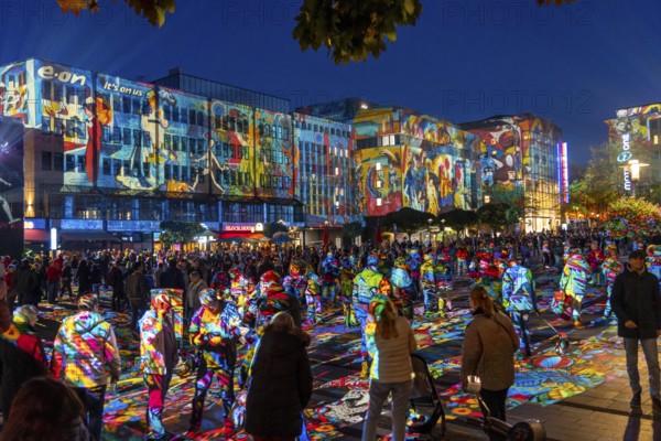 Essen Light Festival, in the city centre, light art on Kennedyplatz, the Berlin artist Daniel Margraf illuminates the large square in the city centre with works of art from the Essen Folkwang Museum, the visitors become part of the pictures that change with every step. North Rhine-Westphalia, Germany, Europe