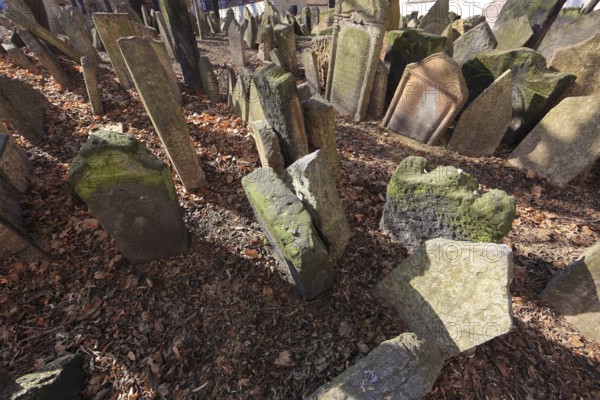 The Old Jewish Cemetery in the Josefov district is one of the most historically significant Jewish cemeteries in Europe. It contains over 12, 000 gravestones and presumably the remains of 100, 000 people, Prague, Czech Republic, Europe