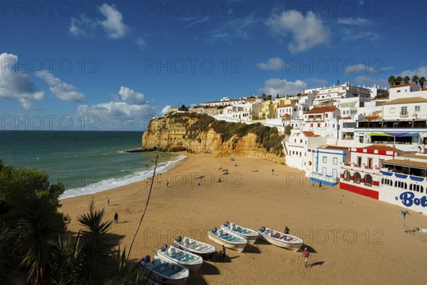 Beach and colourful houses, Carvoeiro, Algarve, Portugal, Europe