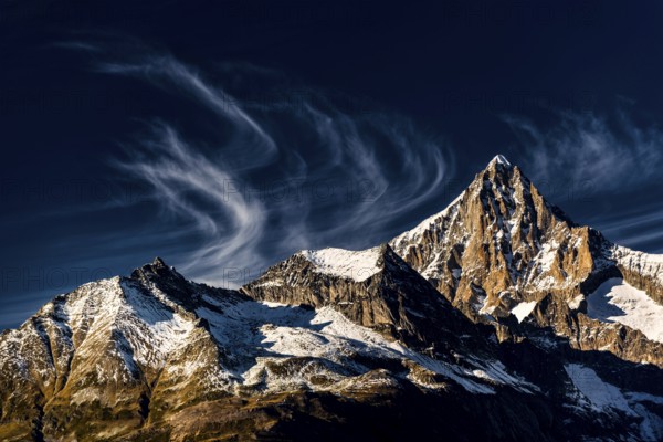 The Bietschhorn near Visperterminen, Swiss Alps, mountain, church, church tower, village, mountain landscape, alpine, idyll, hiking, climate, outdoor, tourism, travel, landscape, nature, snow, climate change, cloud, blue sky, Valais, Switzerland, Europe