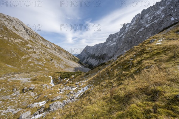 View into the Stallental, in autumn, Vomper Kette, in autumn, Karwendel Mountains, Alpenpark Karwendel, Tyrol, Austria, Europe