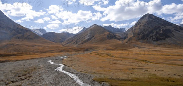 Burkhan valley with river, mountain landscape with glaciated peaks and golden meadows, Terskey Ala-Too, Tien Shan, Issyk Kul province, Kyrgyzstan, Asia