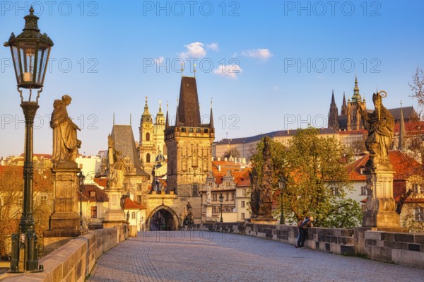 Lesser Town Bridge Tower in the early morning, Charles Bridge in Prague, Czech Republic, Europe