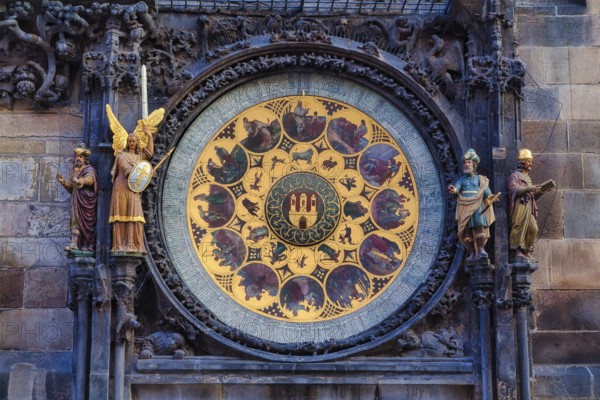 Detail, Famous medieval astronomical clock attached to the tower of the Old Town Hall. Built in 1410, it is the oldest working clock in the world in Prague, Czech Republic, Europe