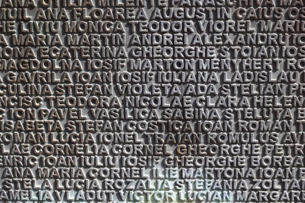 Banat, Timisoara, Timisoara, old town centre, names on a fountain, metal plate with names, Romania, Europe