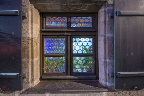 Old Franconian bull's-eye windows on a historic pub, Nuremberg, Middle Franconia, Bavaria, Germany, Europe