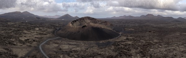 Aerial view of the El Cuervo volcano at sunrise, Lanzarote, Lanzarote, Canary Islands, Spain, Europe