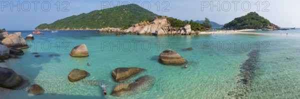 Bathing bay with turquoise water and granite rocks on the holiday island Nang Yuan Island, island, tropical, tropics, holiday paradise, landscape, bathing holiday, bathing beach, dream holiday, exotic, coastal landscape, Asian, natural landscape, rock, natural paradise, beautiful, natural, paradise, seascape, summer, beautiful weather, climate, nature, coastline, ocean, sea, water, turquoise, beach holiday, panorama, snorkelling, paradisiacal, overview, beach, bay, Koh Tao, Thailand, Asia
