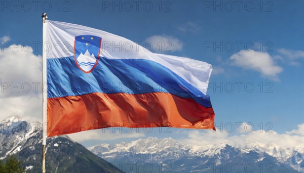 Flags, the national flag of Slovenia flutters in the wind