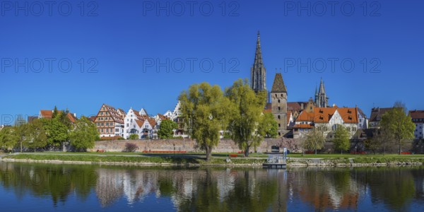 Panorama over the Danube to Ulm with Ulm Minster and Metzgerturm, Baden-Württemberg, Germany, Europe