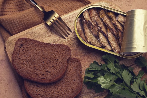 Eingemachtes, Sprotten mit Schwarzbrot, Ansicht von oben, keine Personen