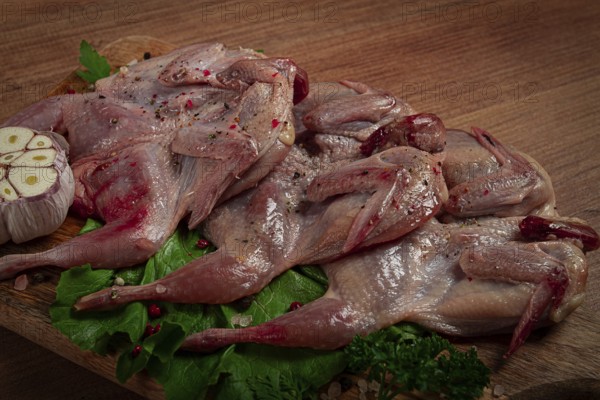 Raw quail meat, on a cutting board, with spices and herbs, top view