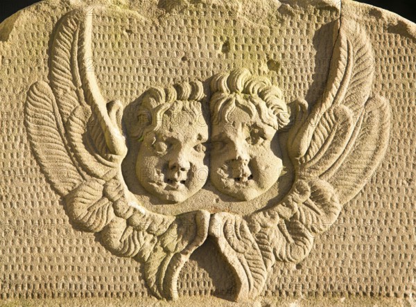 Two angel faces and wings on stone gravestone in church graveyard, Suffolk, England, UK