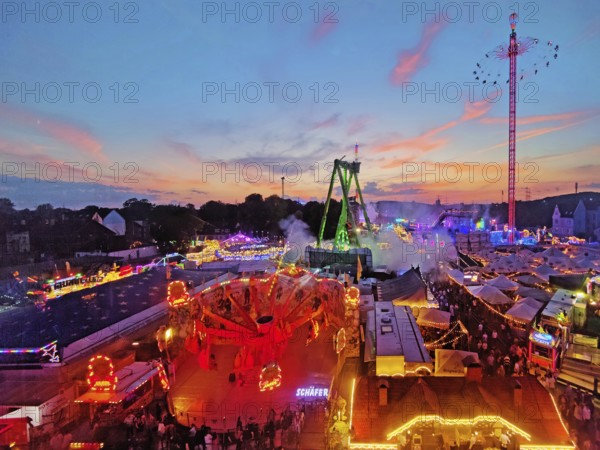 View from above from the Ferris wheel at the Cranger Kirmes in the evening, Herne, Ruhr area, North Rhine-Westphalia, Germany, Europe