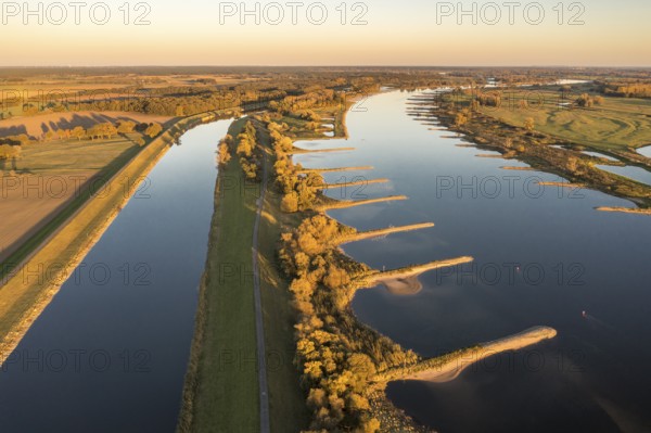 Aerial view of channel Gnevsdorfer Vorfluter and river Elbe at sunset, between Wittenberge and Havelberg, Germany, Europe