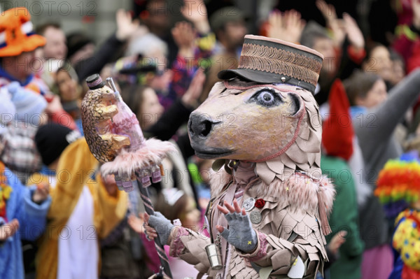 Person masked as a horse with a hat at the carnival parade of the Wey guild on Rose Monday, Güdismäntig, Lucerne Carnival 2024, Lucerne, Switzerland, Europe
