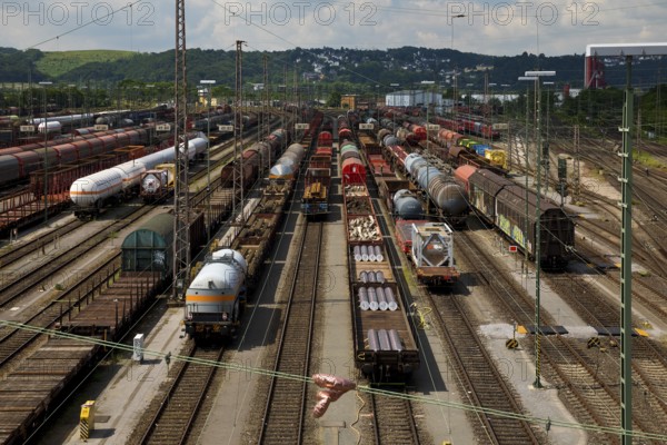 Train formation yard in the Vorhalle district, marshalling yard, goods trains, Hagen, Ruhr area, North Rhine-Westphalia, Germany, Europe