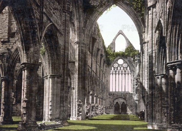 Tintern Abbey, Abaty Tyndyrn, a ruined abbey in the Welsh Wye Valley near the village of Tintern, Wales, c. 1890, Historic, digitally restored reproduction from a 19th century original