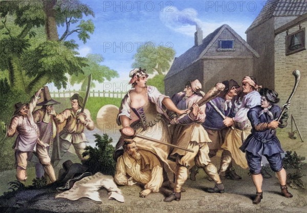 Hudibras The Knight Submits to Trulla Engraved by F F Walker after Hogarth from The Works of Hogarth published London 1833, Historisch, digital restaurierte Reproduktion von einer Vorlage aus dem 19. Jahrhundert, Record date not stated