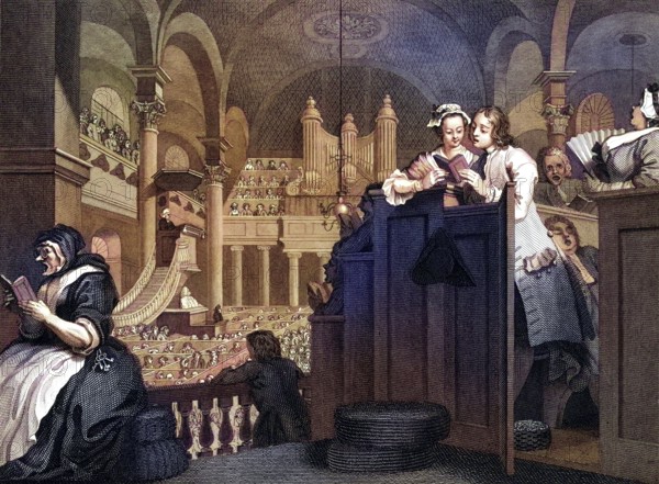 Industry and Idleness The industrious prentice performing the duty of a christian From the original design by Hogarth from The Works of Hogarth published London 1833, Historic, digitally restored reproduction from a 19th century original, Record date not stated