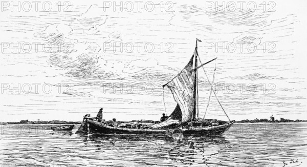 Emspünte for shallow waters, barge on the Ems, East Frisia, Lower Saxony, flat bottom, river, sail, wind, transport, Germany, historical illustration 1880, Europe