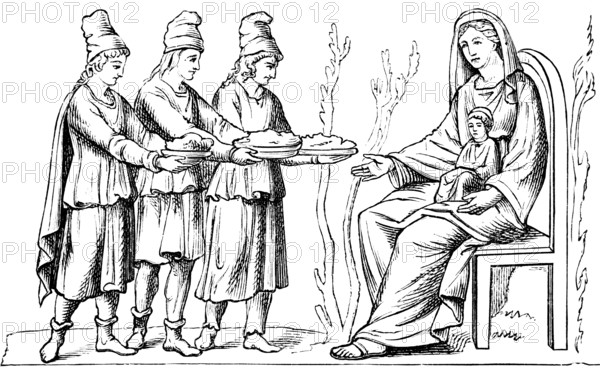 Madonna from the Catacomb of St Calixtus Theodotus, Catacomb of St Callistus, Rome, Italy, saint, seat, offerings, historical illustration 1880, Europe