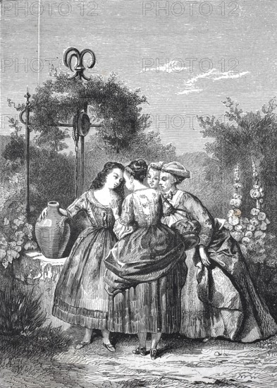 Historical, digitally restored reproduction from a 19th century original, Record date not stated, The secret of the woman. Four woman standing at the fountain and talking discreetly