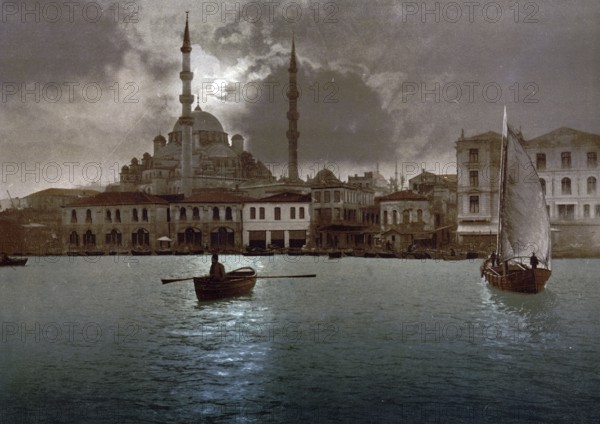 Yeni Cami, the New Mosque, by moonlight, Constantinople, Istanbul, Turkey, View from 1885, Historical, digitally restored reproduction from a 19th century original, Record date not stated, Asia