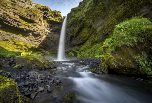 Kvernufoss waterfall, in summer when the weather is fine, gorge and river, long exposure, Skogar, Sudurland, South Iceland, Iceland, Europe